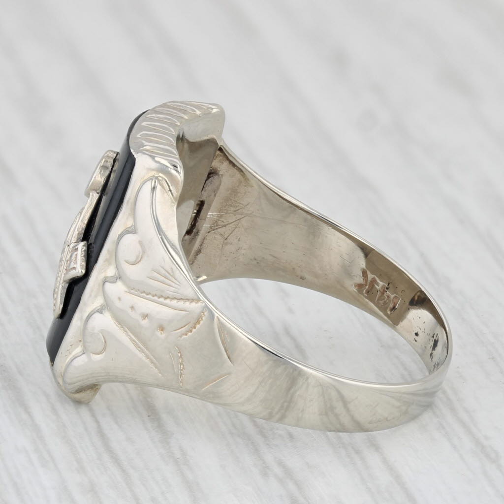 Light Gray Onyx Masonic Signet Ring 14k White Gold Square Compass Blue Lodge Size 9.5