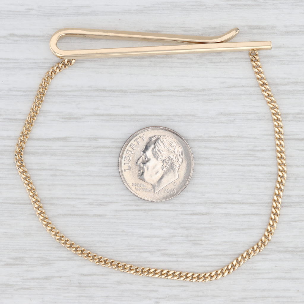 Light Gray Vintage Tiffany Tie Bar Clip with Chain 14k Yellow Gold Men's Suit Accessories