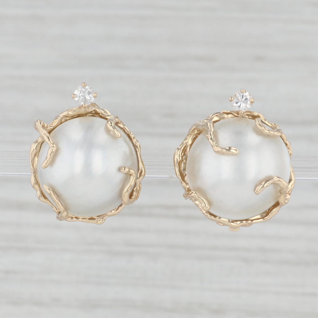 Light Gray Round Mabe Pearl 0.20ctw Diamond Clip On Earrings 14k Yellow Gold Non Pierced