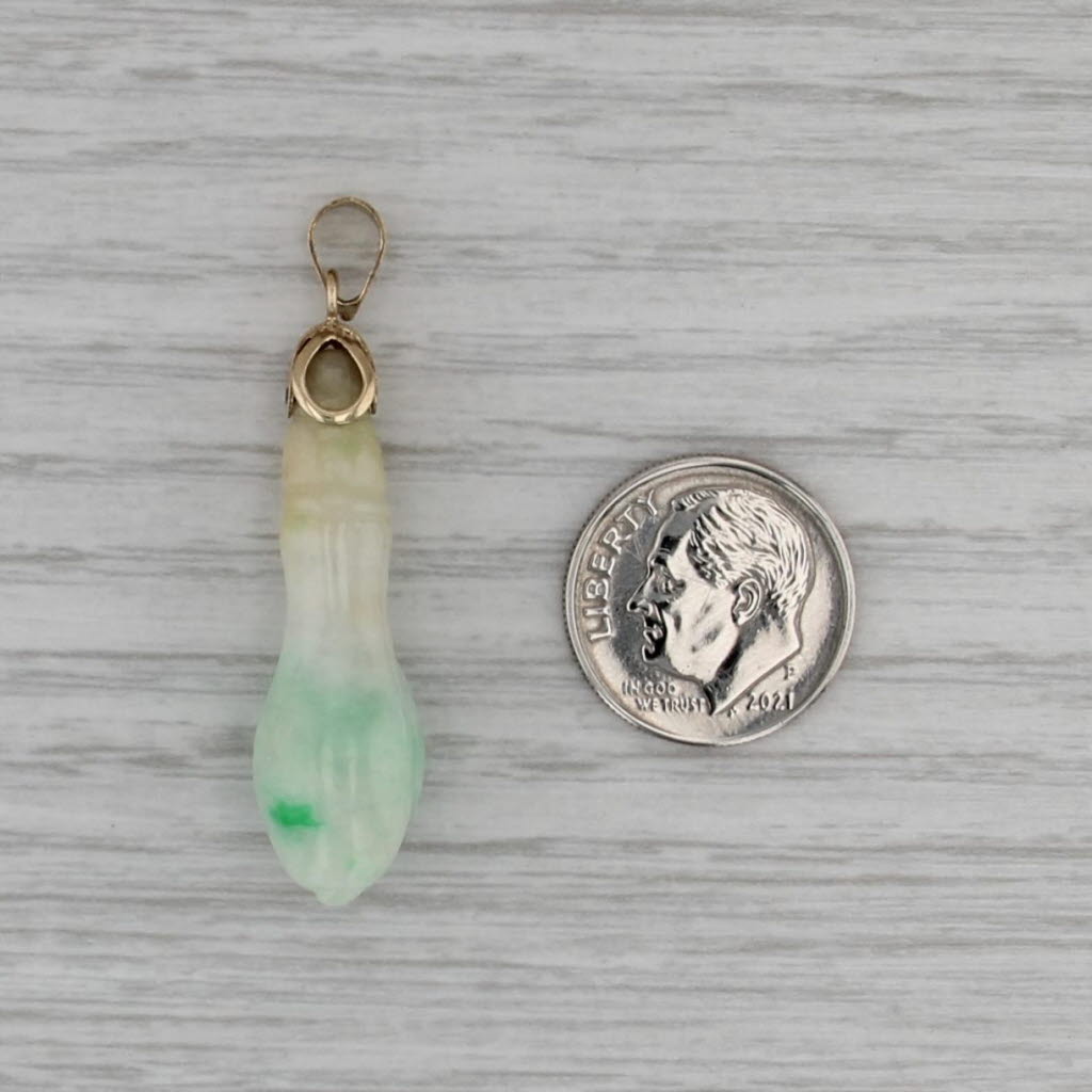 Vintage Jadeite Jade Carved Oblong Pendant Floral Drop 14k Yellow Gold