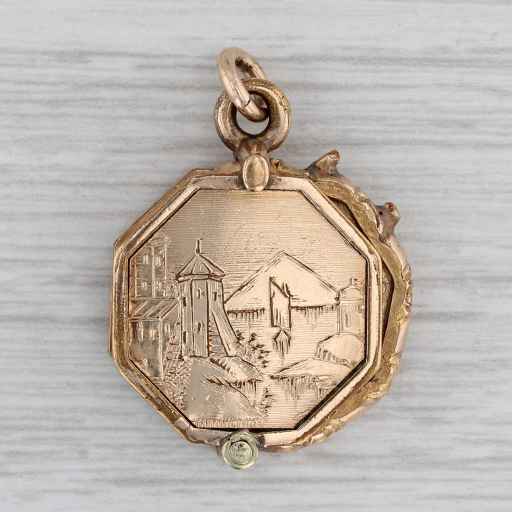 Gray Vintage Secret Locket Fob Pendant Engraved Scene Slide Opens