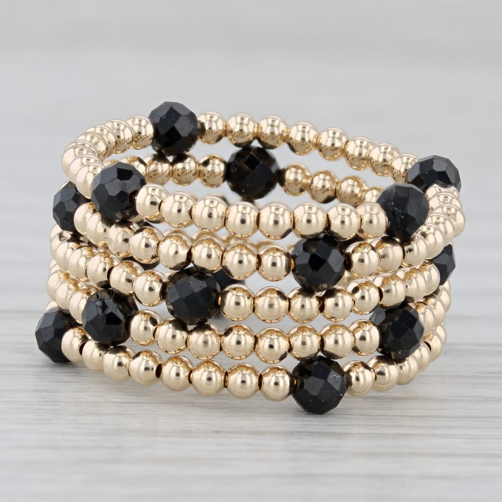 Gray New Coiled Bead Black Glass Ring 14k Yellow Gold Adjustable Size 7