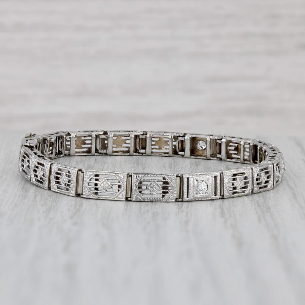 Art Deco 0.13ctw Diamond Filigree Bracelet 14k White Gold 6" 4.6mm