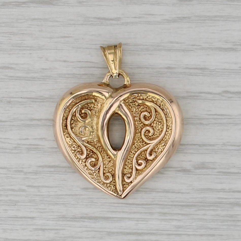 Ornate Hollow Heart Pendant 14k Yellow Gold Italian