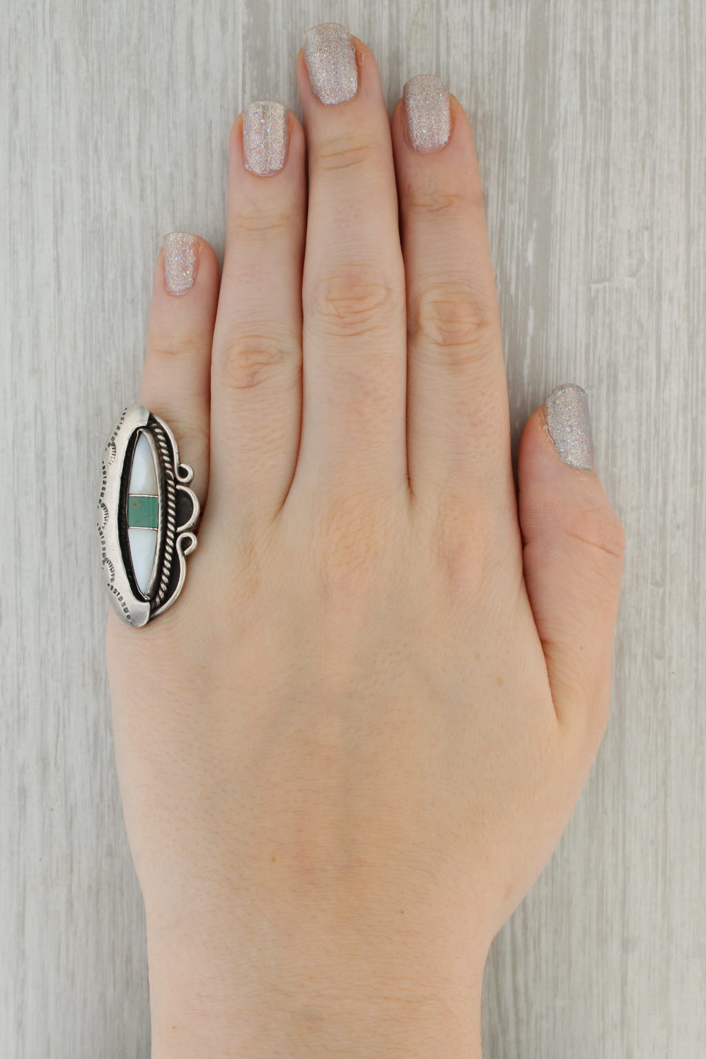 Dark Gray Vintage Turquoise Mother of Pearl Stamped Ring Sterling Silver Size 6 Statement