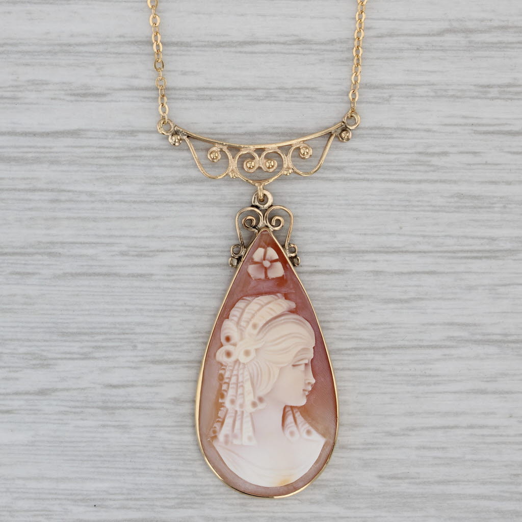 Gray Carved Shell Cameo Teardrop Pendant Necklace 14k Yellow Gold 16.5" Cable Chain