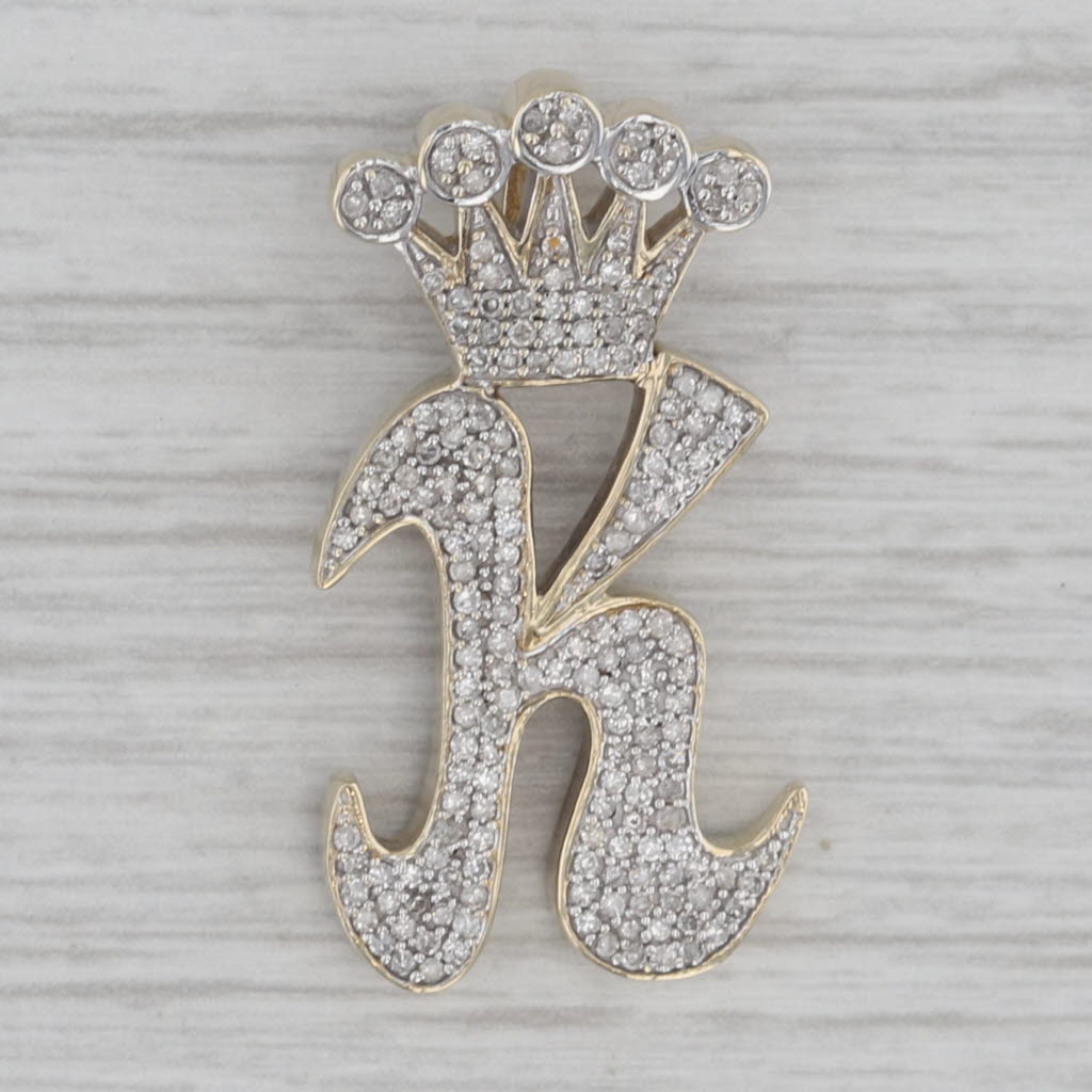 Gray 0.40ctw Pave Diamond Crowned Letter Initial K King Pendant 10k Yellow Gold