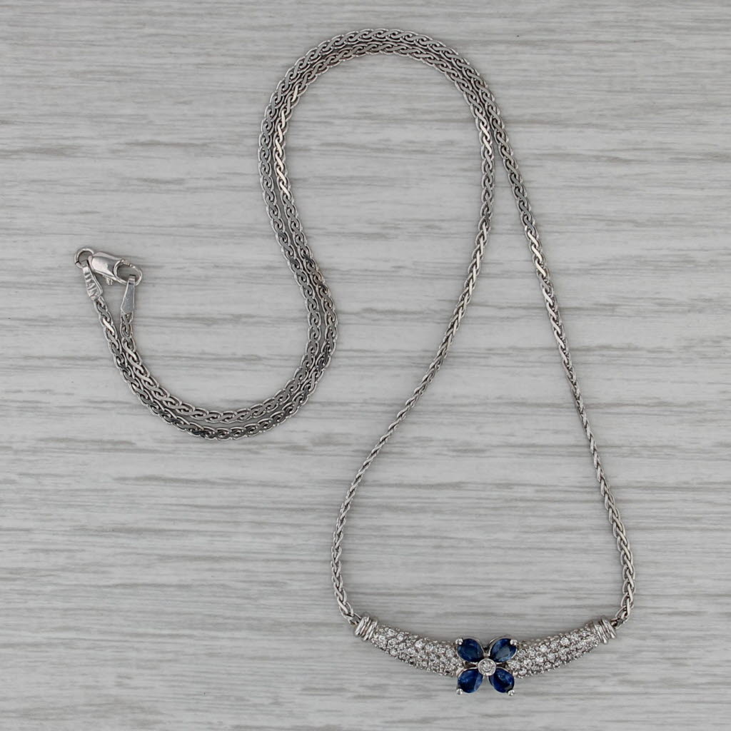 1.10ctw Sapphire Diamond Flower Necklace 14k White Gold 17.25" Wheat Chain