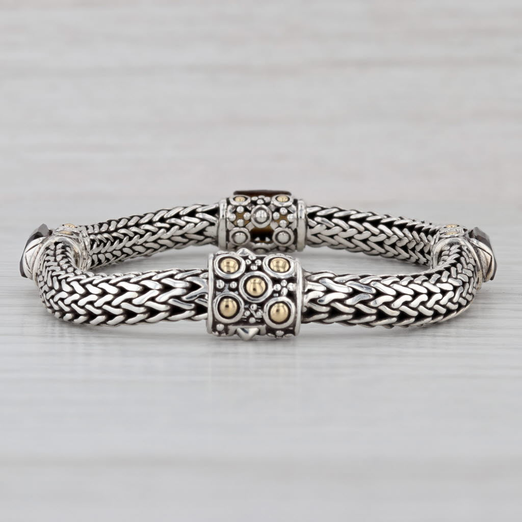 John Hardy Smoky Quartz Station Bracelet Sterling Silver 18k Gold Wheat Chain