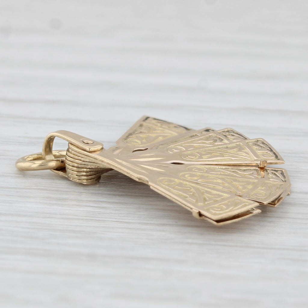Light Gray Vintage Fan Charm 18k Yellow Gold Folds Unfolds Pendant