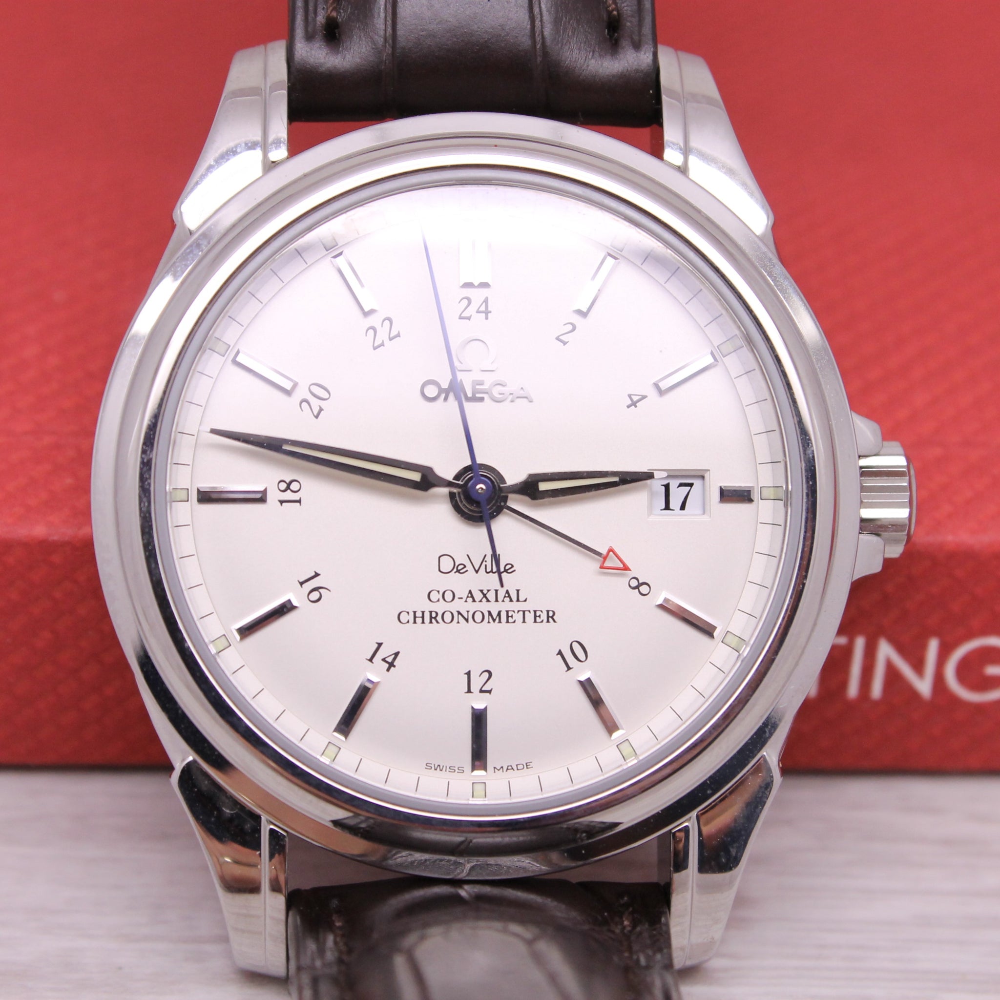 Omega Deville GMT 39mm Steel Automatic Watch w Strap Box Card NOS Unwo