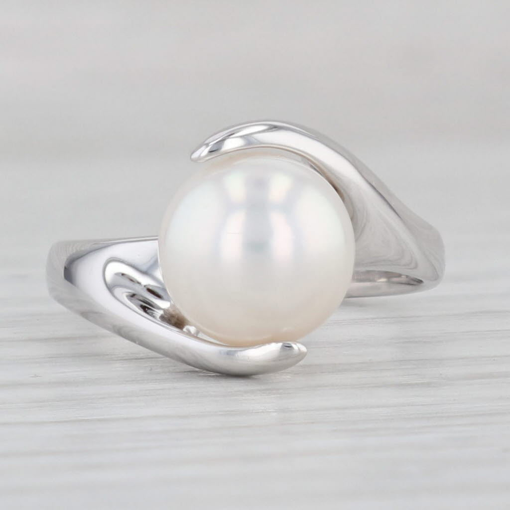 Light Gray 9mm Cultured Pearl Solitaire Bypass Ring 14k White Gold Size 6.25