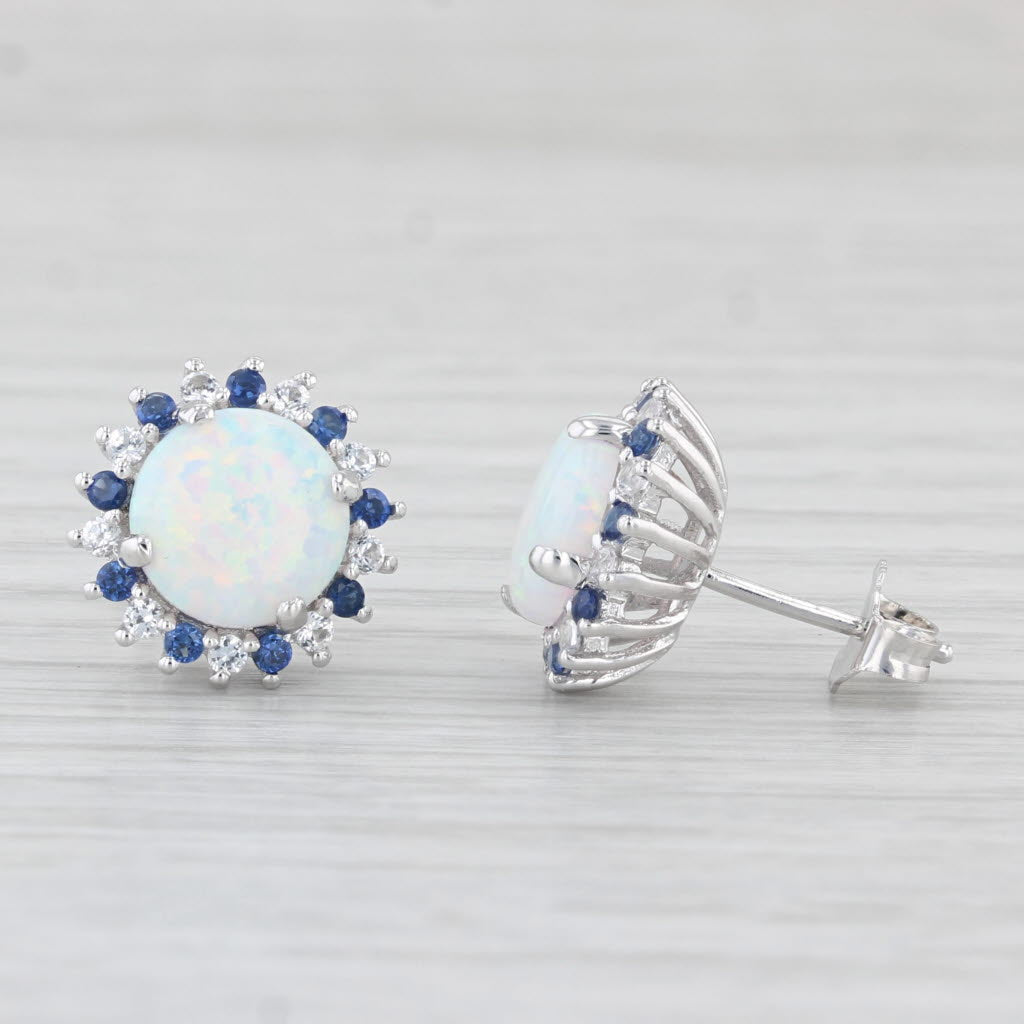 Light Gray Lab Created Opal Lab Created Sapphire Halo Earrings Sterling Silver Studs