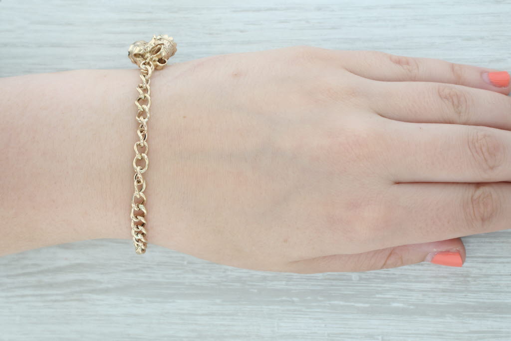Vintage Bridal Themed Charm Bracelet 9k Gold 6.5" Curb Chain Ring Bible Bells
