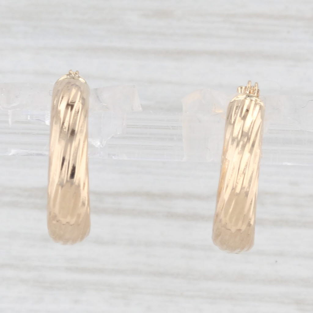 Light Gray Small Twist Hoop Earrings 14k Yellow Gold Snap Top Round Hoops