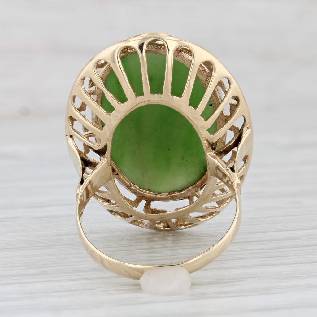 Light Gray Green Nephrite Jade Greek Key Halo Ring 14k Yellow Gold Size 6 Oval Cabochon