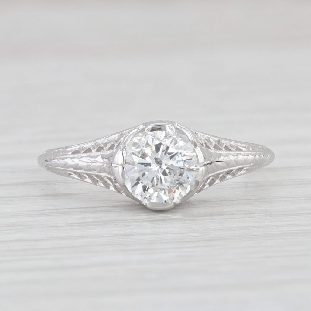 Light Gray Art Deco 0.89ct Round Solitaire Diamond Engagement Ring 18k White Gold Filigree