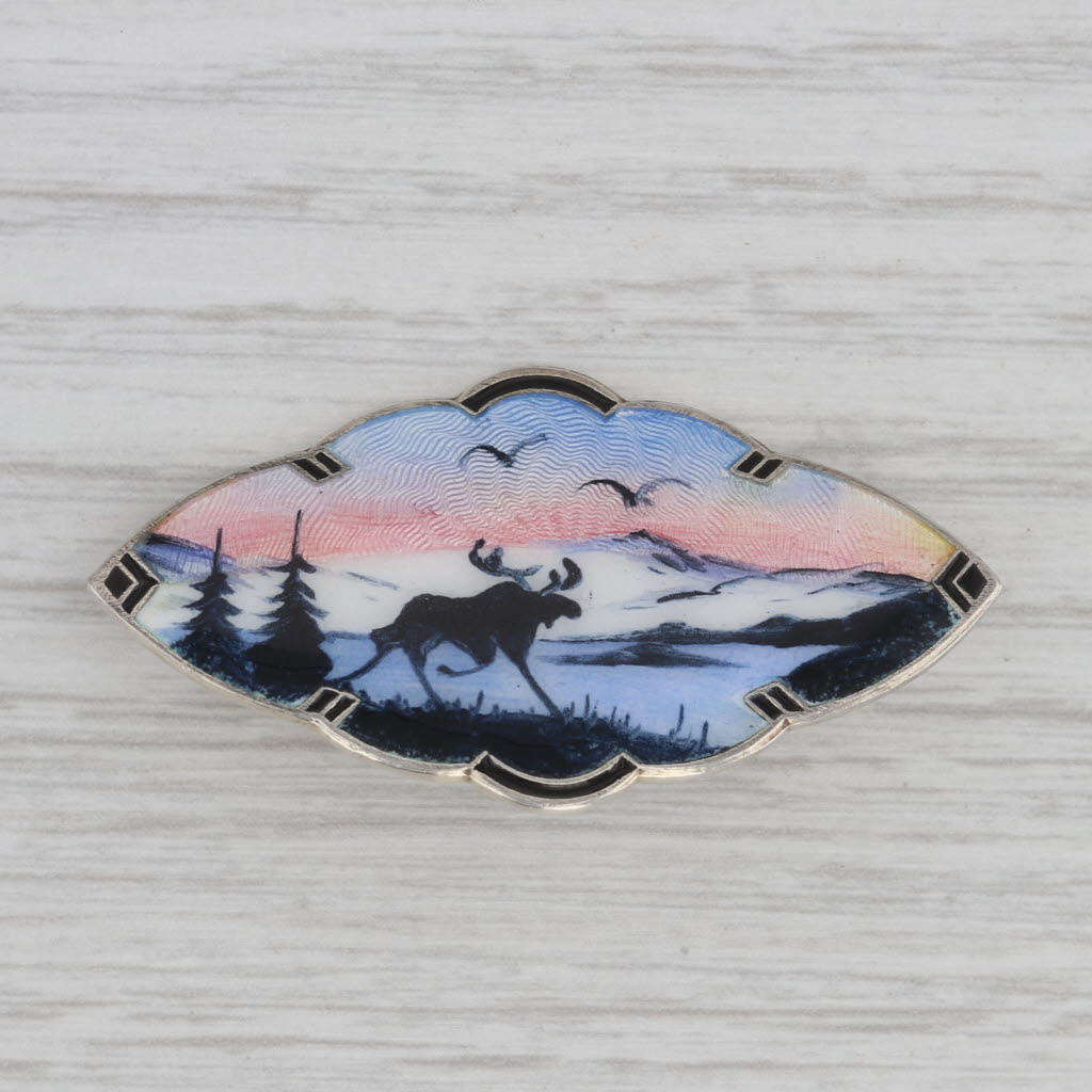 Gray Vintage Norwegian Guilloche Enamel Moose Brooch Sterling Silver Meldahl Pin
