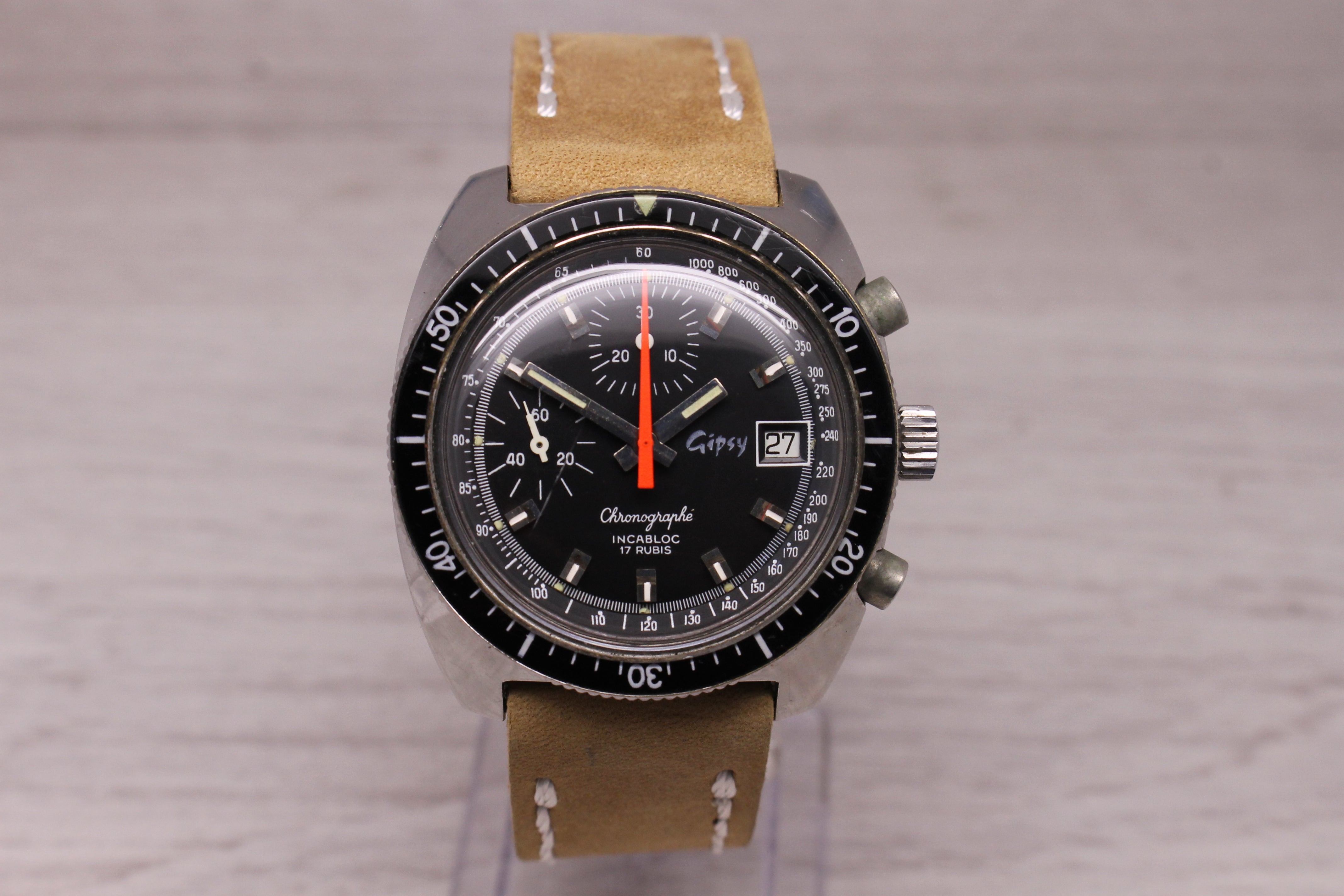 Dark Gray Vintage 1980's Gipsy Mens 40mm Stainless Steel Chronograph Watch Valjoux 7765