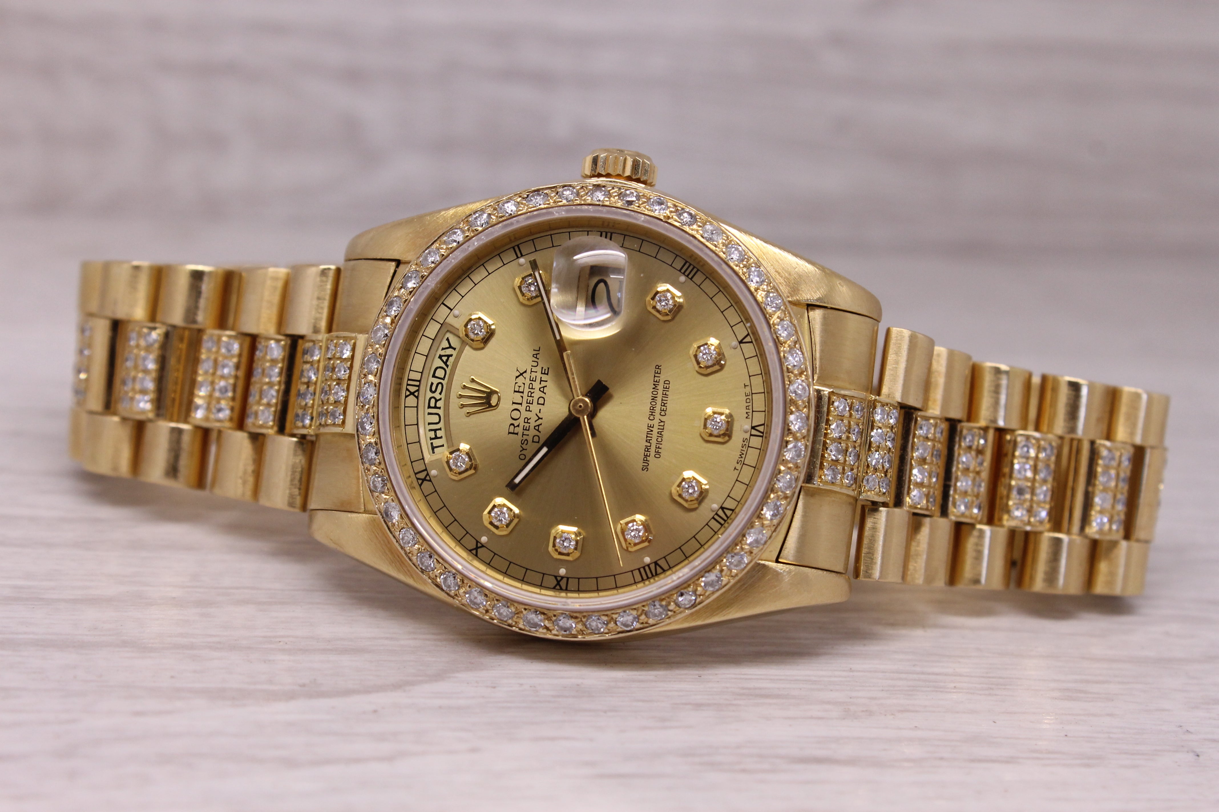 Vintage 1984 Rolex Day Date President 18038 18k Gold & Diamond Custom Bracelet