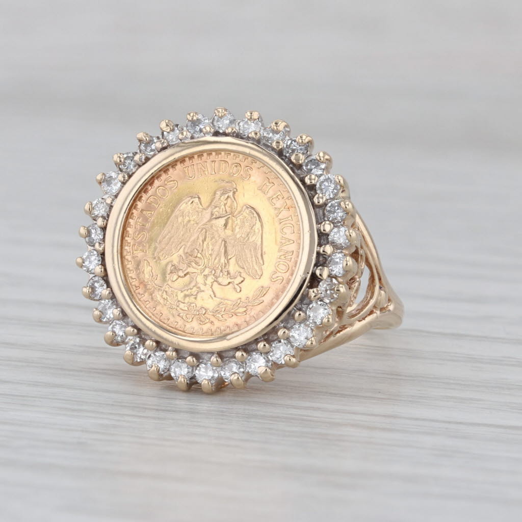 Diamond Bezel 1945 Dos Pesos Mexican Coin Ring 14k 900 Yellow Gold Size 7.75
