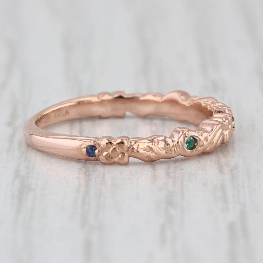 Vintage Blue Stone Emerald Ring 14k Rose Gold Stackable Band Size 4.5 Bridal