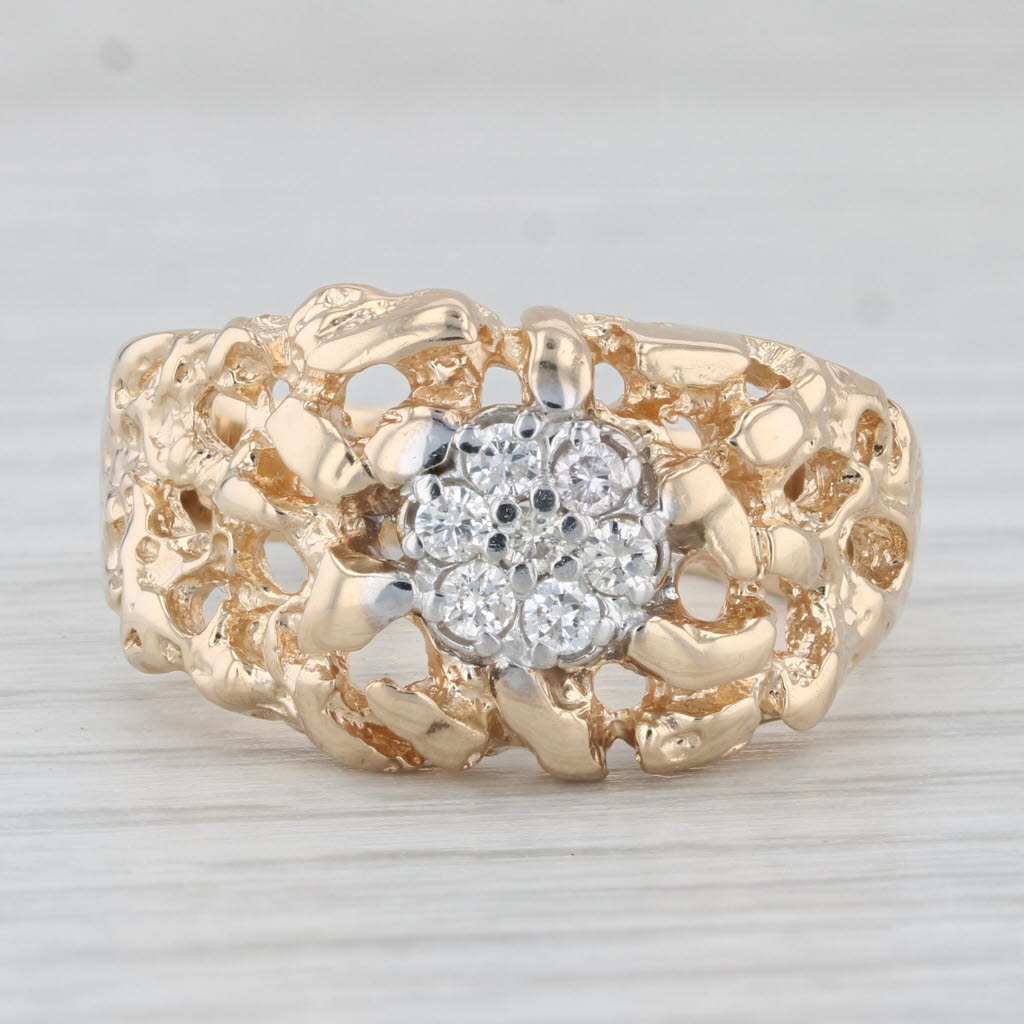 Light Gray 0.20ctw Diamond Cluster Nugget Ring 14k Yellow Gold Size 10.5 Men's