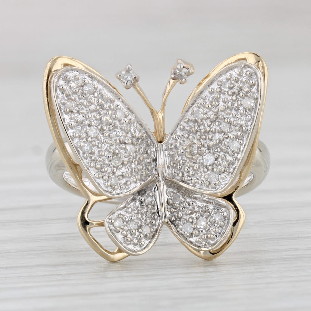 Light Gray Pave Diamond Butterfly Ring 14k Yellow White Gold Size 6 Statement