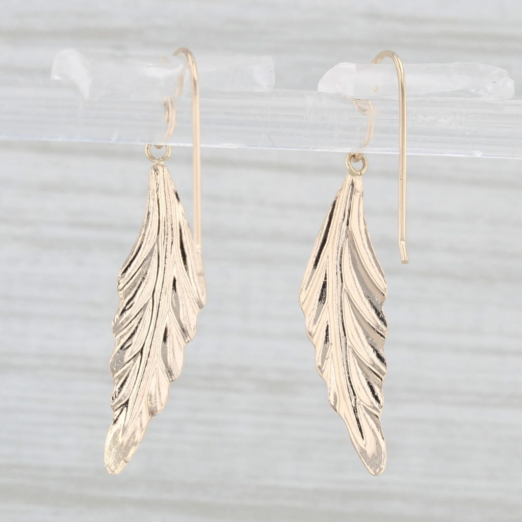 Light Gray Feather Leaf Dangle Earrings 14k Yellow Gold Hook Post Drops