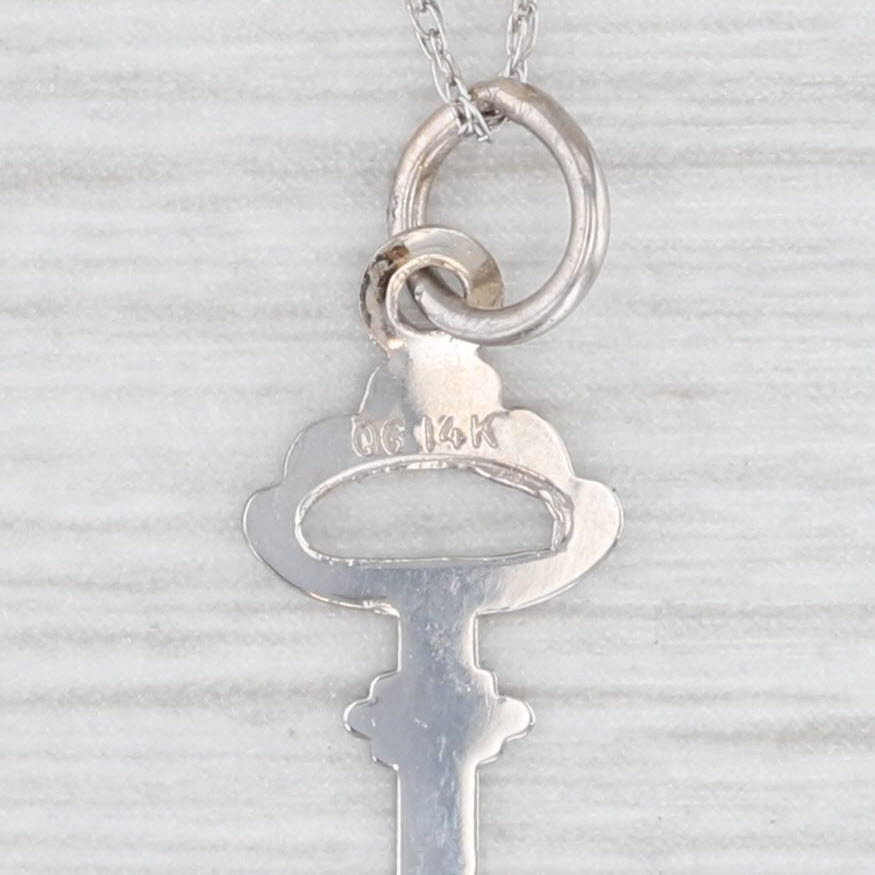 Light Gray Skeleton Key Pendant Necklace 14k White Gold 16" Fine Rope Chain