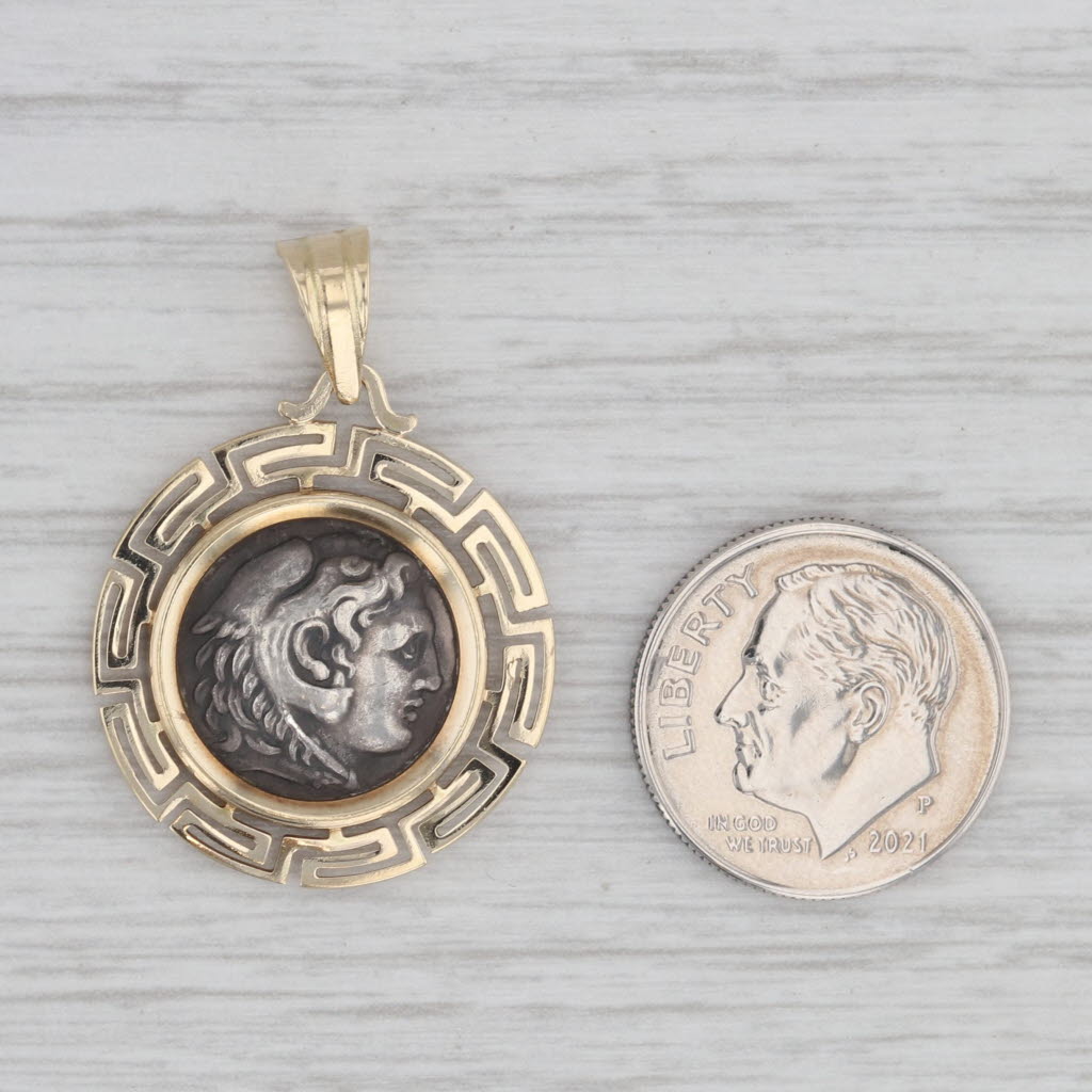 Gray Greek Coin Copy Pendant 14k Yellow Gold Silver Greek Key Pattern