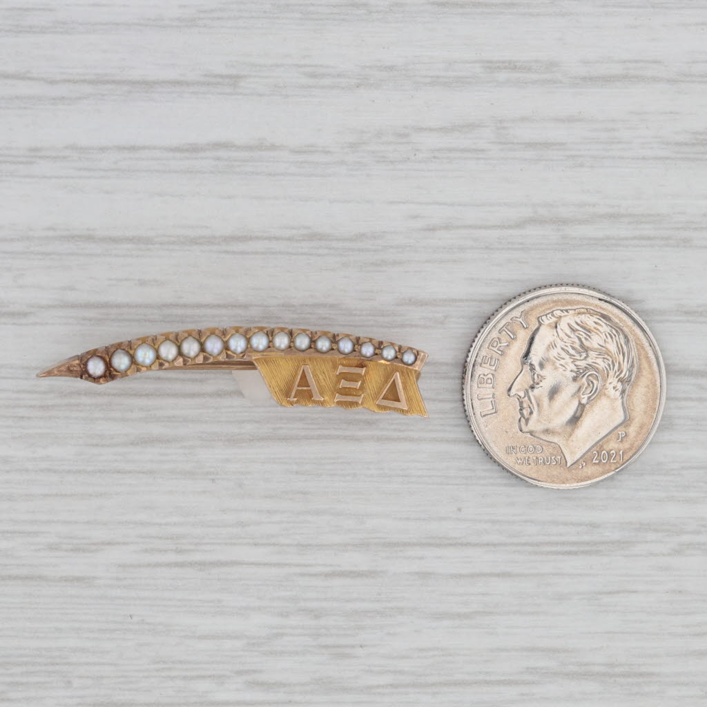 Gray Alpha Xi Delta Quill Pin 10k Gold Pearl Vintage Greek Sorority Badge