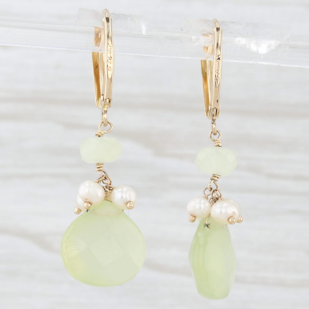 Light Gray Green Chalcedony Cultured Pearl Dangle Earrings 14k Yellow Gold Lever Backs