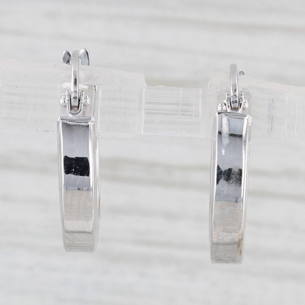 Light Gray Beveled Hoop Huggie Earrings 14k White Gold Snap Top Round Hoops