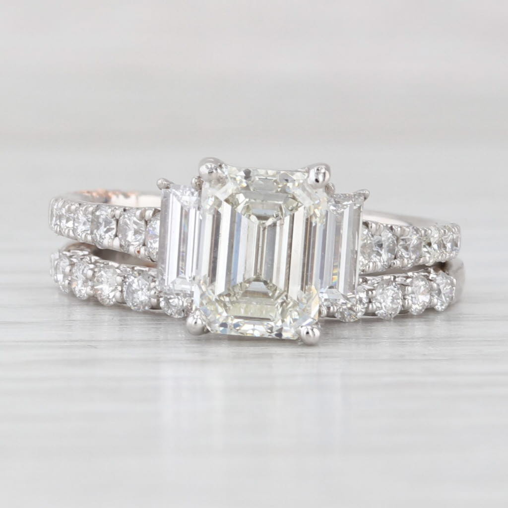 Light Gray 3.10ctw Emerald Cut Diamond Engagement Ring Wedding Band Set 14k Gold Size 7 GIA