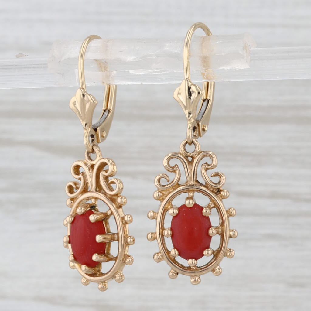 Vintage Coral Cabochon Dangle Earrings 14k Yellow Gold Leverbacks