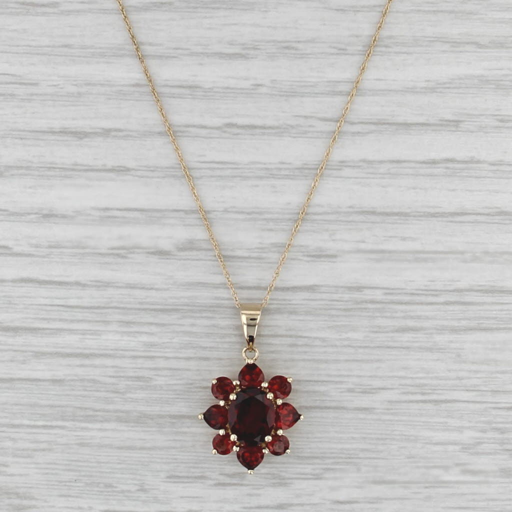 4.35ctw Garnet Flower Pendant Necklace 14k Yellow Gold 19" Rope Chain