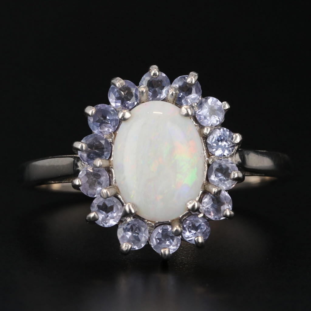 Gray Oval Opal Cabochon Tanzanite Halo Ring 14k White Gold Size 6.75