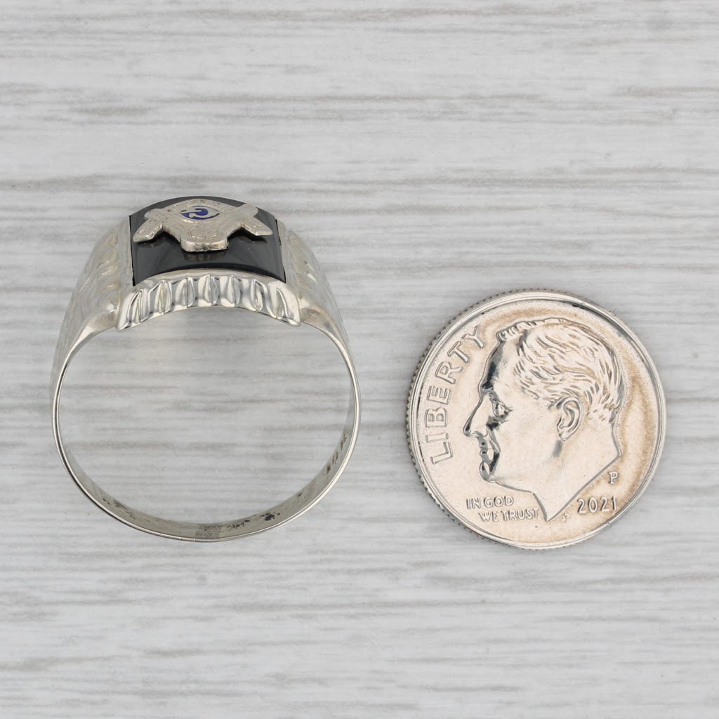 Gray Onyx Masonic Signet Ring 14k White Gold Square Compass Blue Lodge Size 9.5
