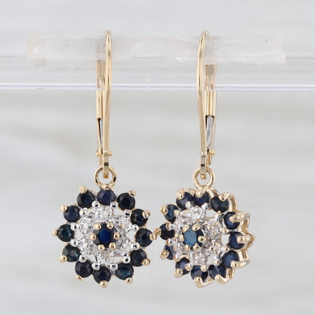0.96ctw Sapphire Diamond Flower Cluster Dangle Earrings 14k Gold Lever Backs