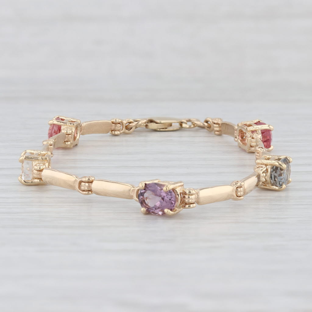 Light Gray 4.29ctw Topaz Tourmaline Bar Link Bracelet 14 Yellow Gold 7"