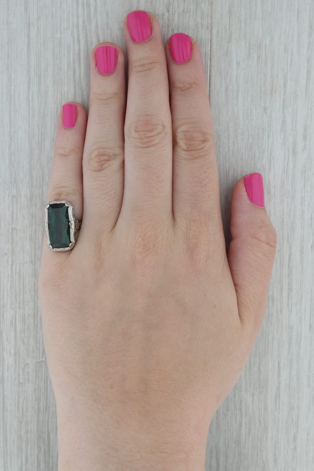 Dark Gray Ostby Barton Vintage Green Tourmaline Filigree Ring 14k White Gold Size 6