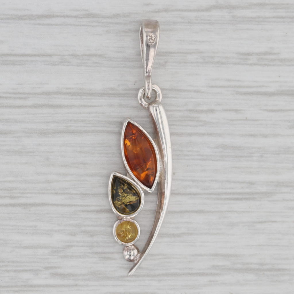 Gray Multicolor Amber Cabochon Abstract Drop Pendant Sterling Silver