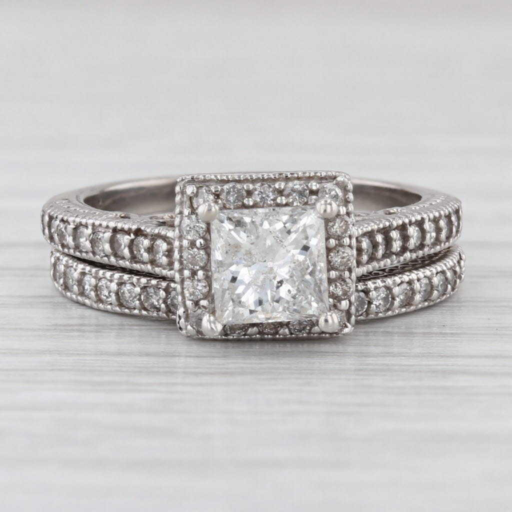 1.50ctw Princess Diamond Halo Engagement Ring Wedding Band Set 14k White Gold