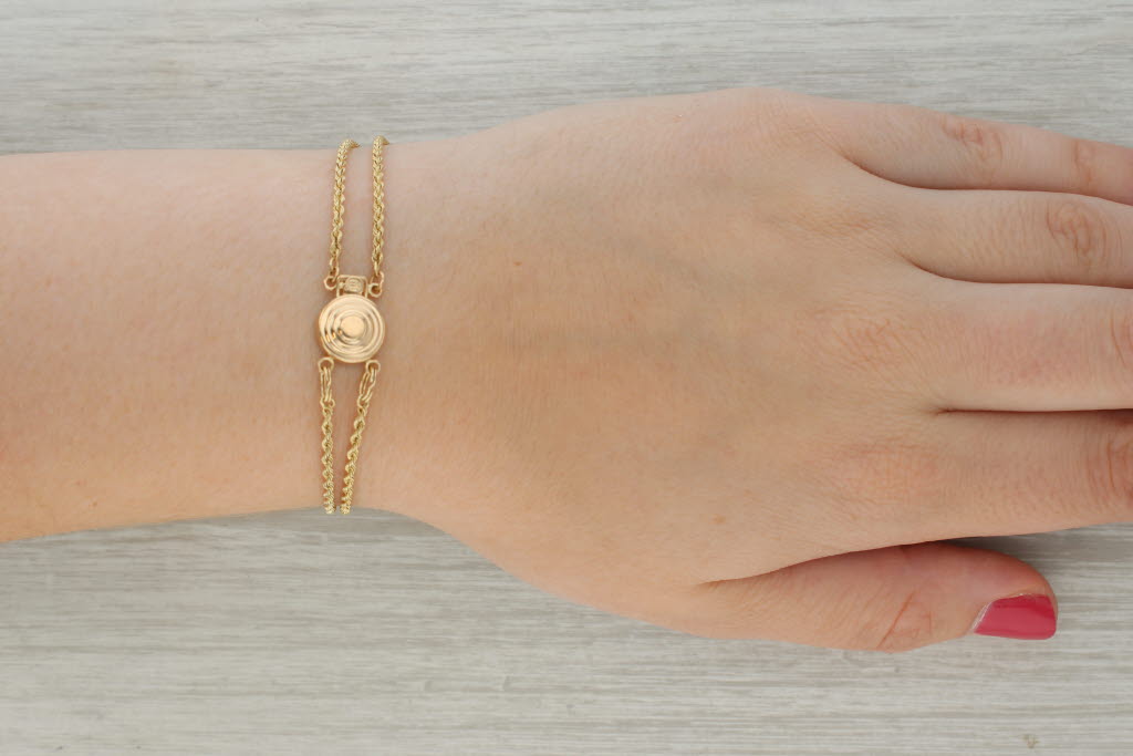 Rosy Brown Vintage Double Slide Charm Bracelet 14k Yellow Gold 8.25" Rope Chains Snap Clasp