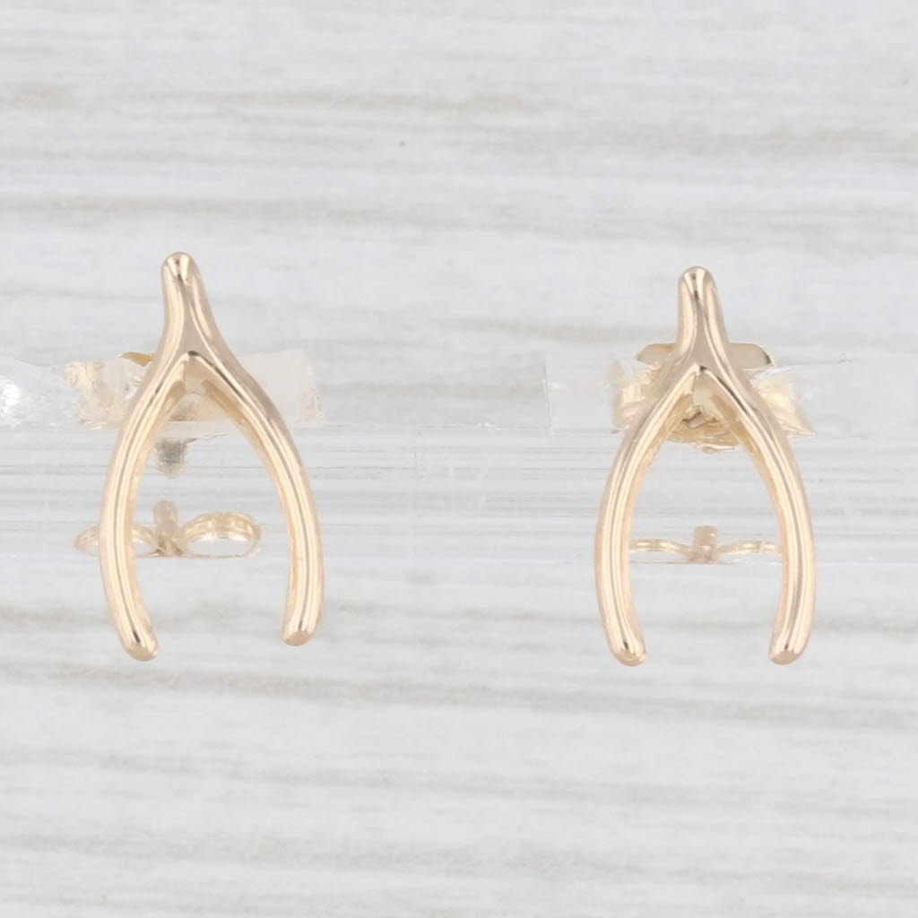 Light Gray Small Wishbone Stud Earrings 14k Yellow Gold Good Luck