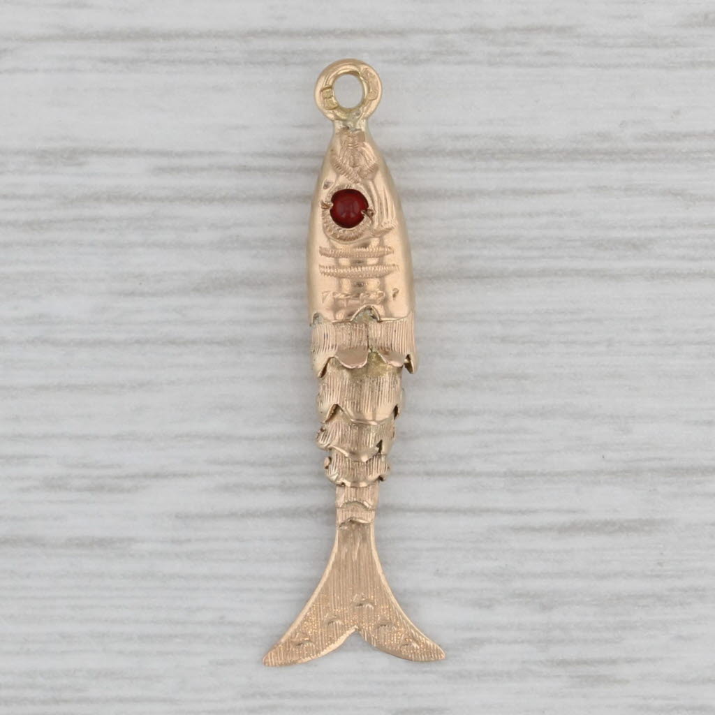 Gray Articulating Fish Charm 800 Yellow Gold Red Glass Eye Nautical Pendant