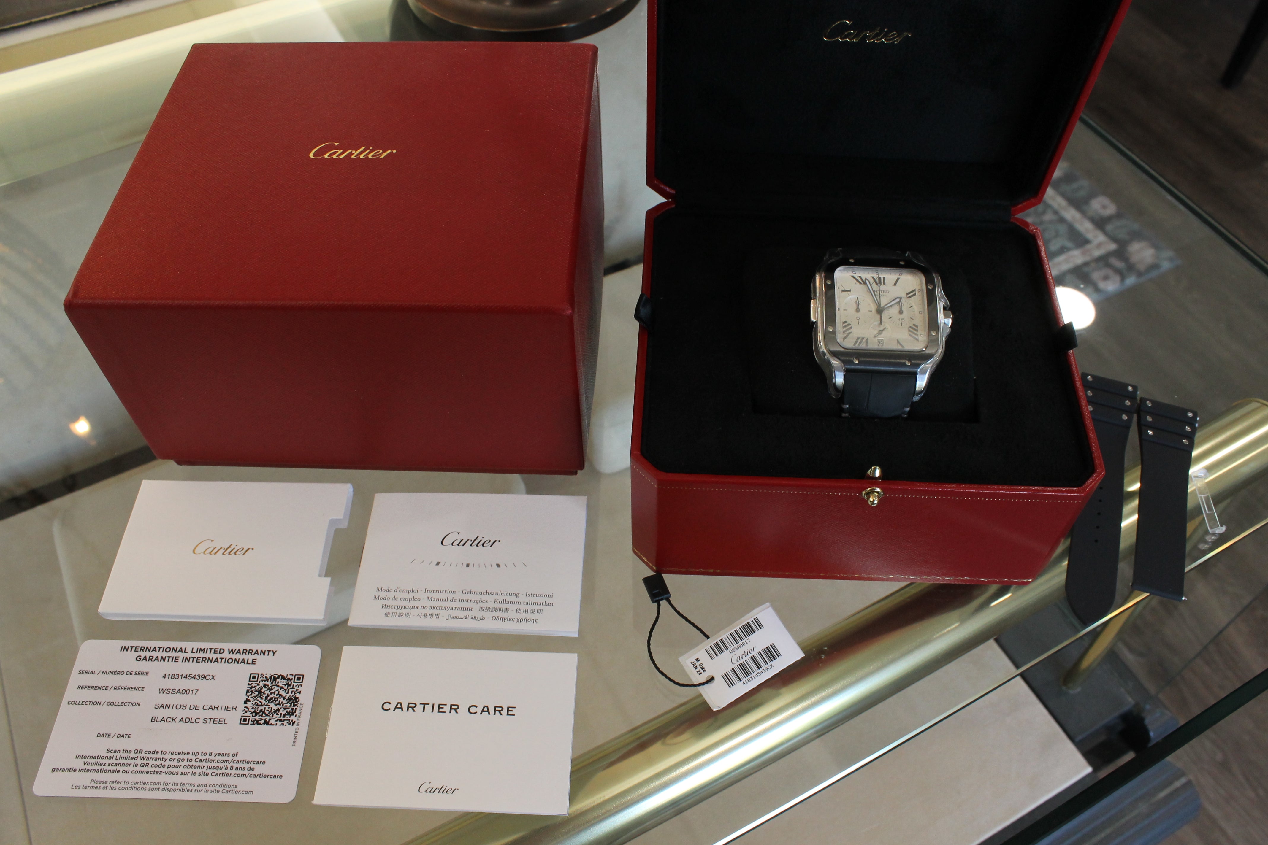 Cartier Santos XL Chronograph Men 40.5mm Steel Watch Box Strap Tag Card WSSA0017