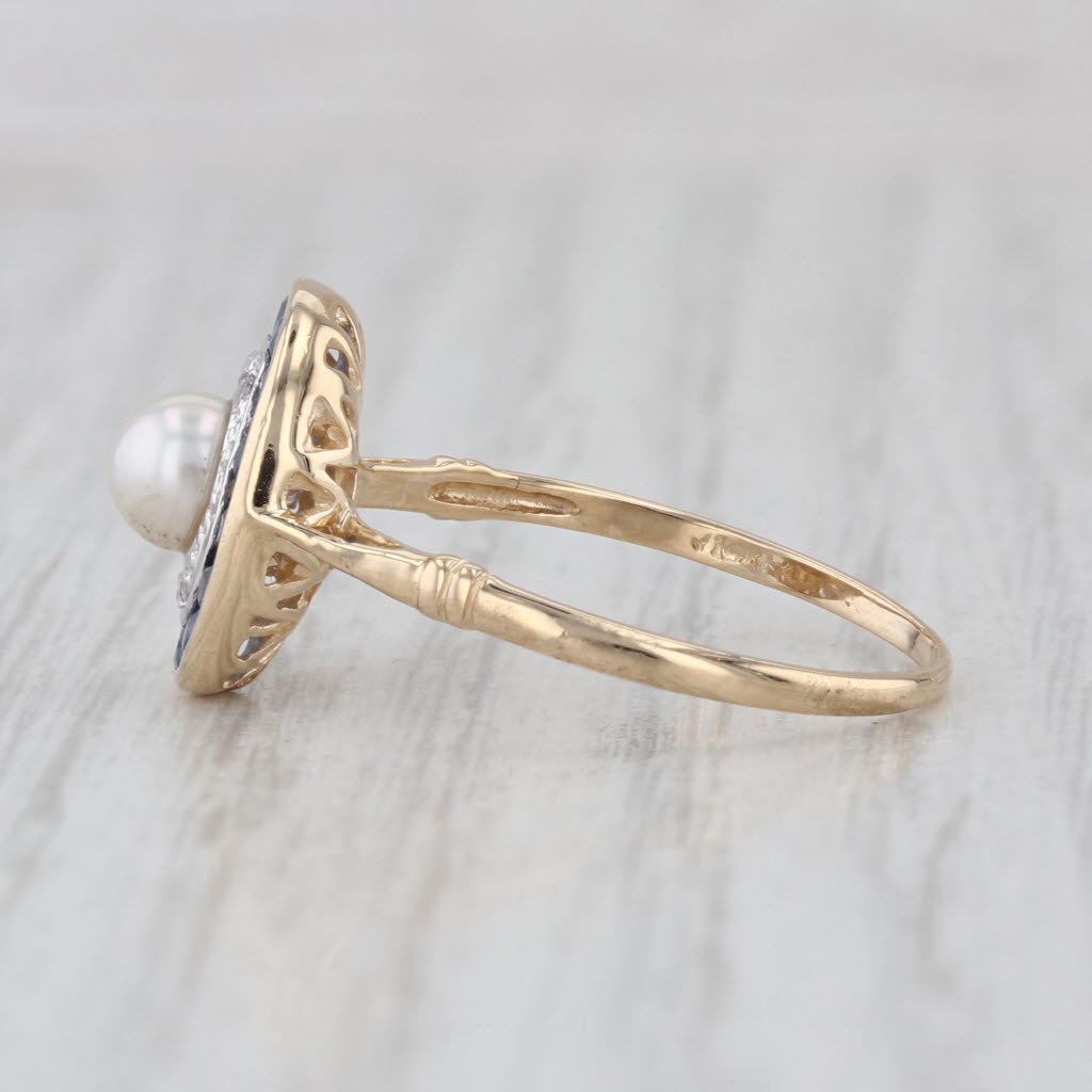 Vintage Cultured Pearl Sapphire Diamond Halo Ring 14k Yellow Gold Size 7.75