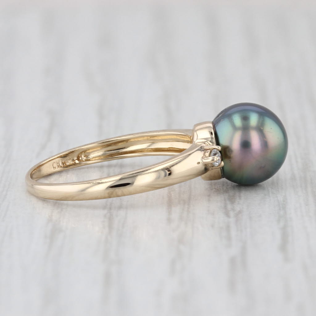 8.6mm Black Cultured Pearl Diamond Ring 14k Yellow Gold Size 7.25